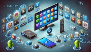 the process of setting up IPTV on an Android TV. The image should include visual elements such as an Android TV screen displaying IPTV app icons like TiviMate and IPTV Smarters Pro, a smartphone showing integration with the TV, and network icons representing a stable internet connection.