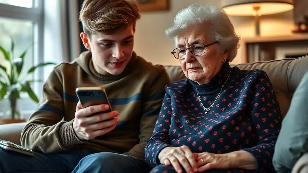 A teenage boy is sitting next to his grandmother and shows her his phone screen (explaining how to install the tracking app).