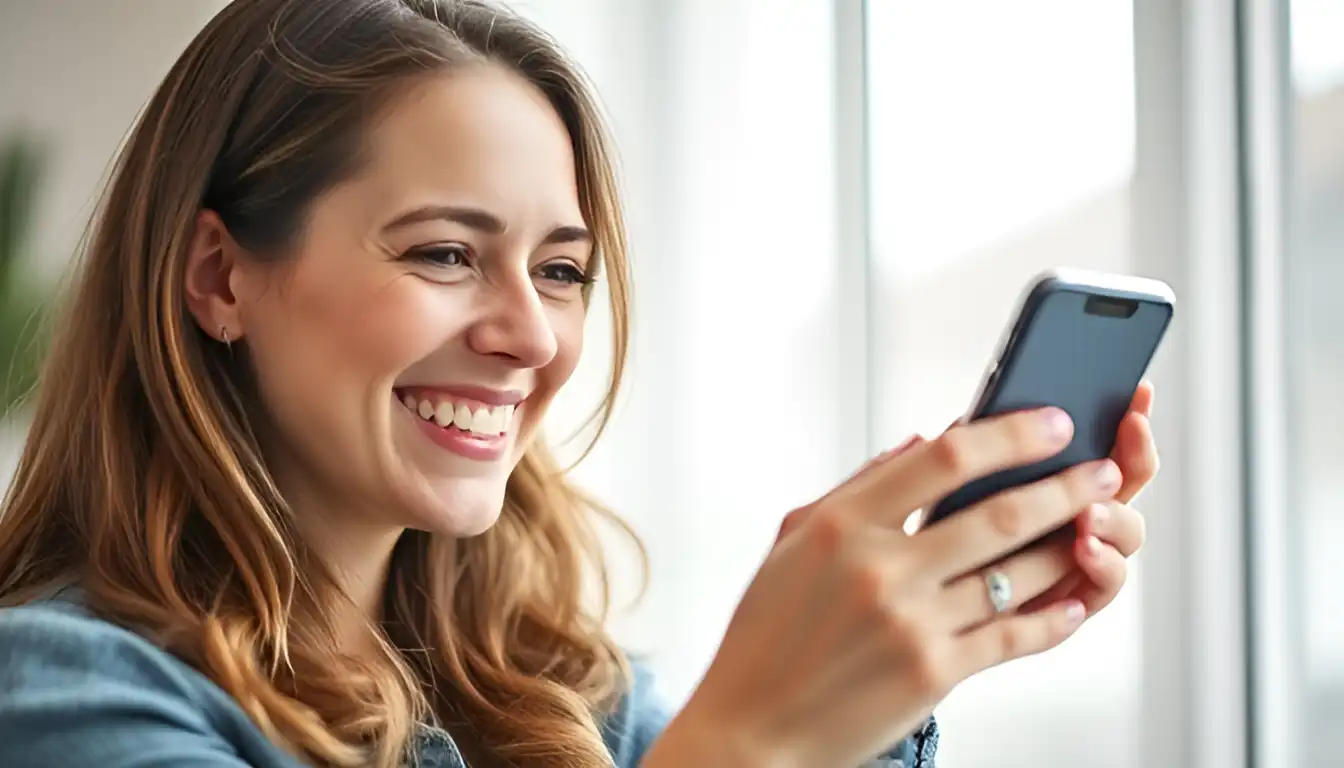 A happy woman is installing and configuring a phone location app, ensuring her phone and family members are trackable at all times.