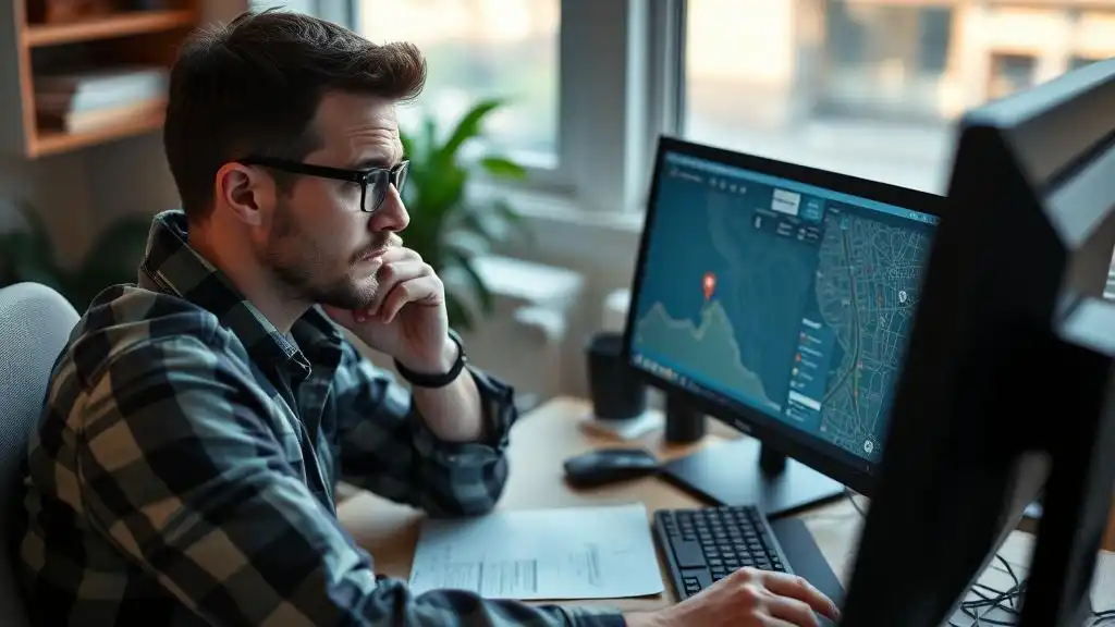 A puzzled male user sits in front of his PC and tries to track the location of his lost device on a map.