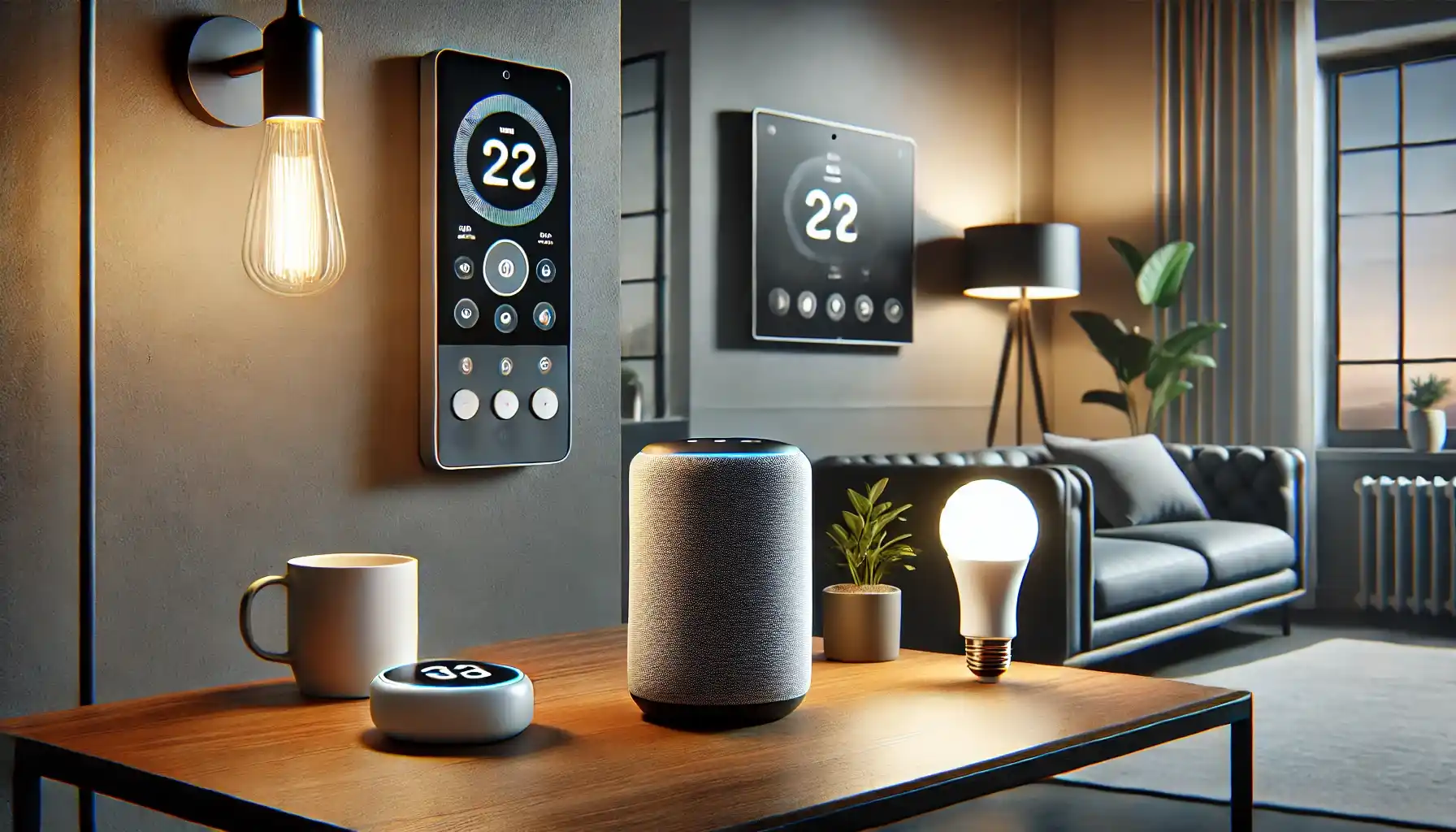 a modern smart home setup: a smart speaker on a wooden table, a wall-mounted smart thermostat and smart light bulbs.