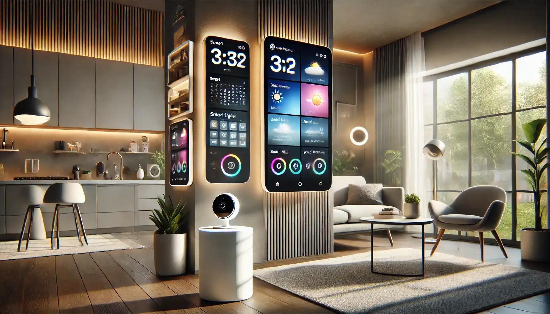 smart home devices in a stylish living room: a smart display on a side table, displaying weather and calendar updates, alongside a smart security camera mounted in a corner. 