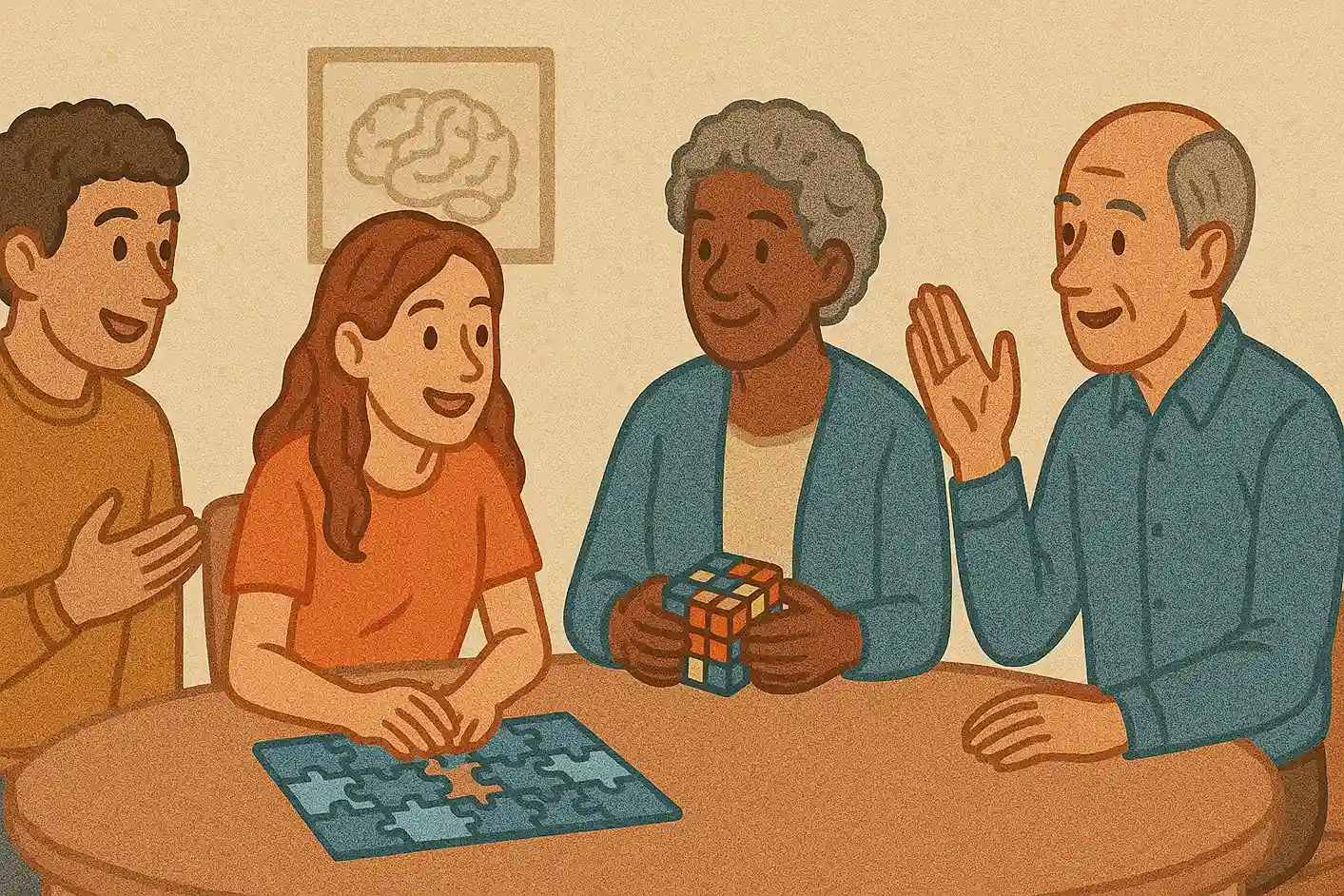 A group of people engaging in conversation and games to exercise cognitive skills.