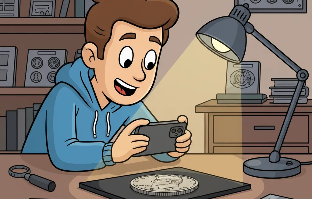 man takes picture of the 1971 Ike Dollar coin