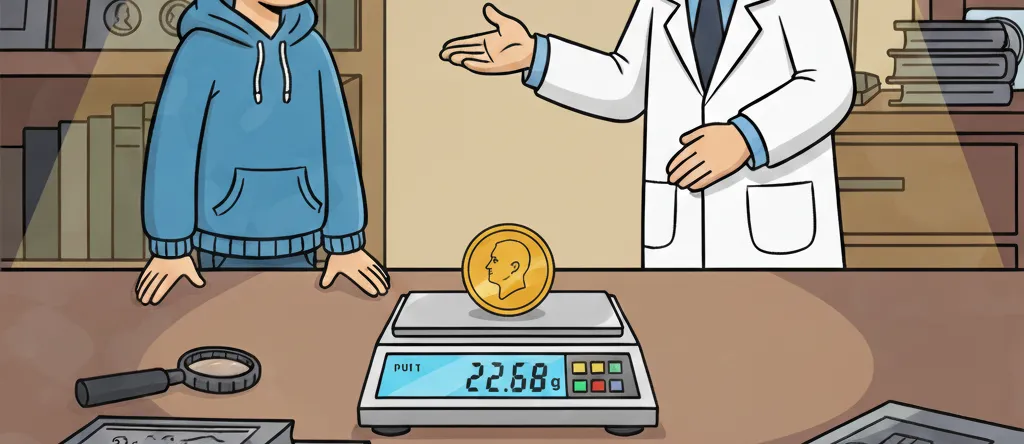 two men weigh a coin and the scales show 22.68 g